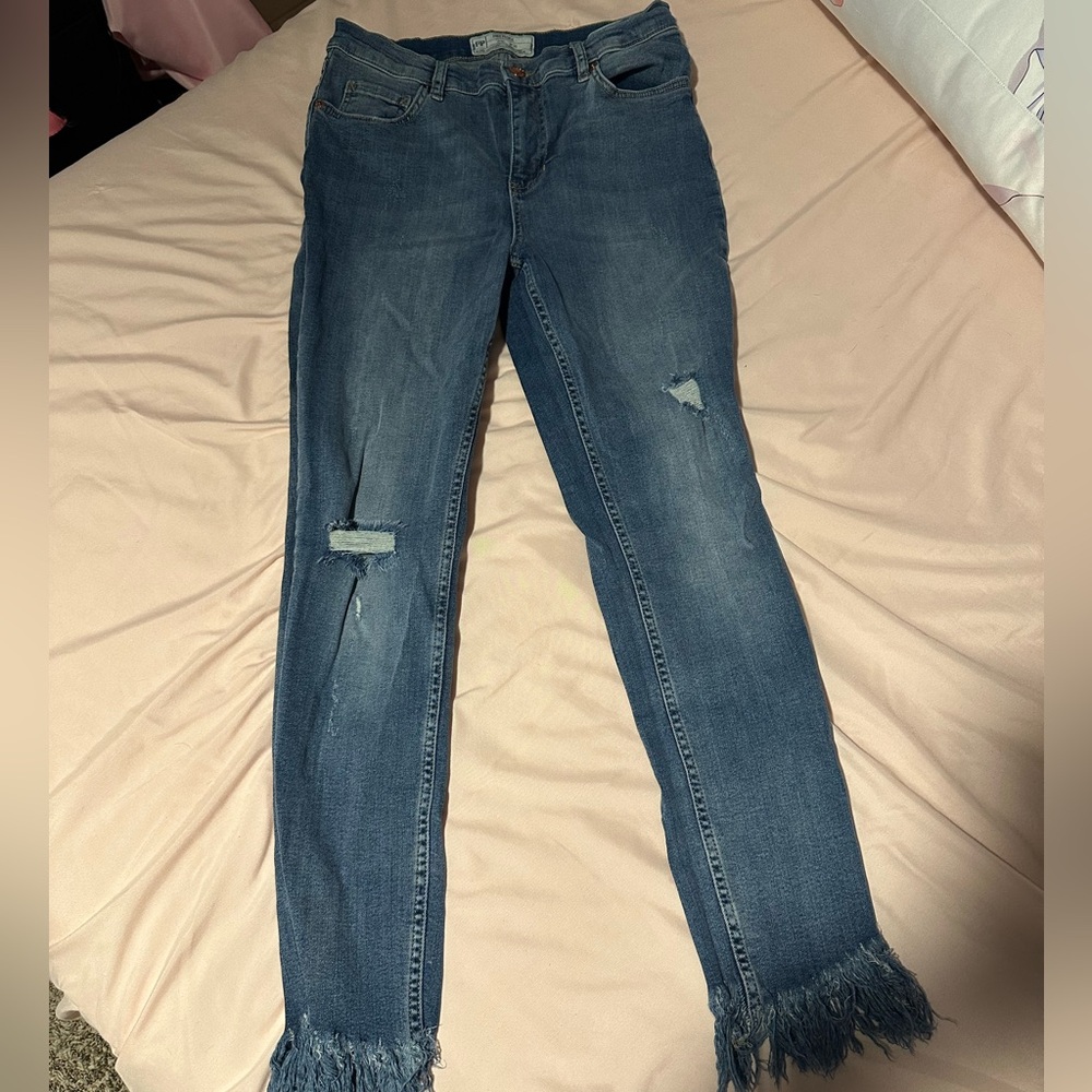 Free People Distressed Frayed Hem Skinny Jeans - Blue